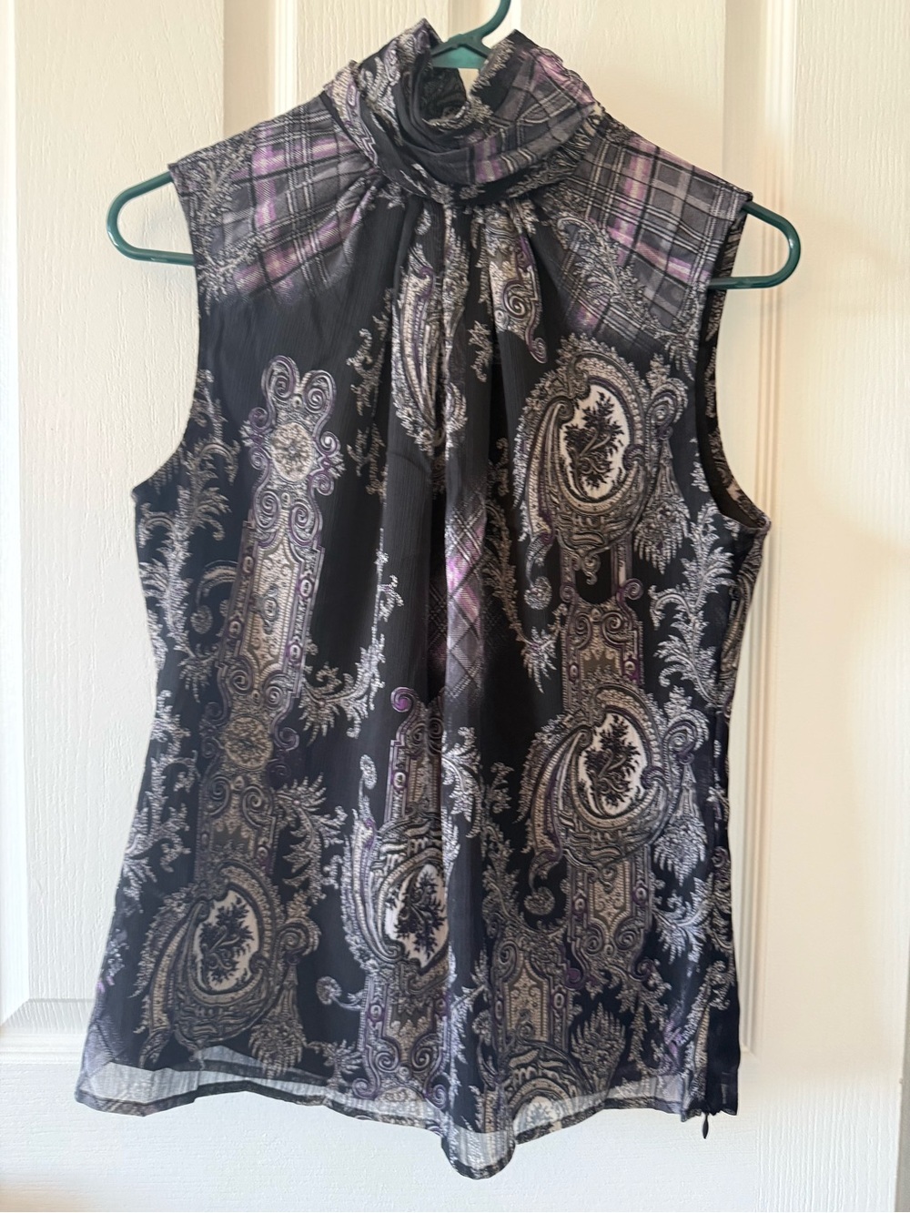 Identify Black Mixed Print Paisley Plaid Sleeveless Turtleneck Blouse Top Size M